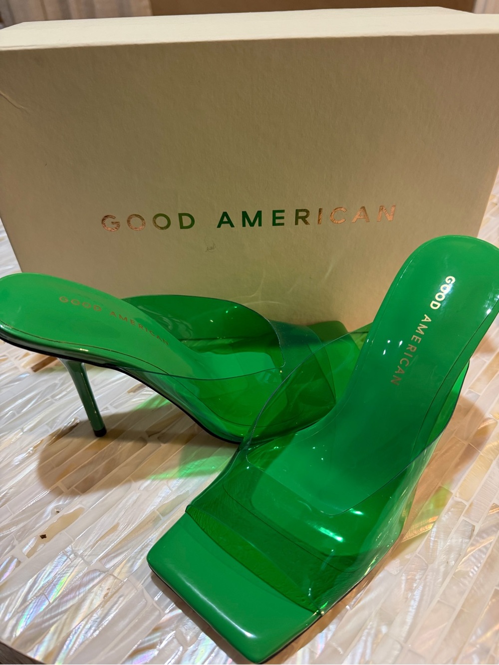 NIB Good American Emerald Green PVC Stiletto Heel ~ Size 7.5 COMFORTABLE & TTS